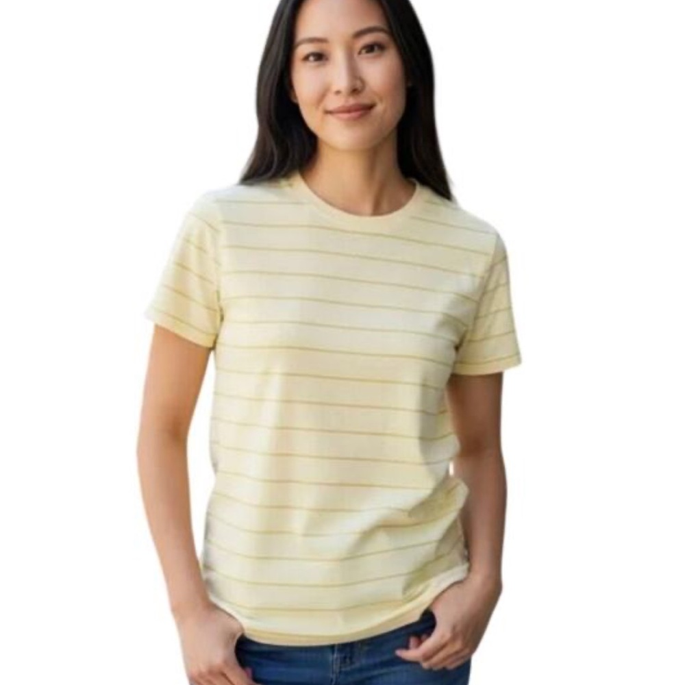 NEW EVERLANE The Organic Cotton Crew T-Shirt in Yellow Stripe Preppy Size Medium